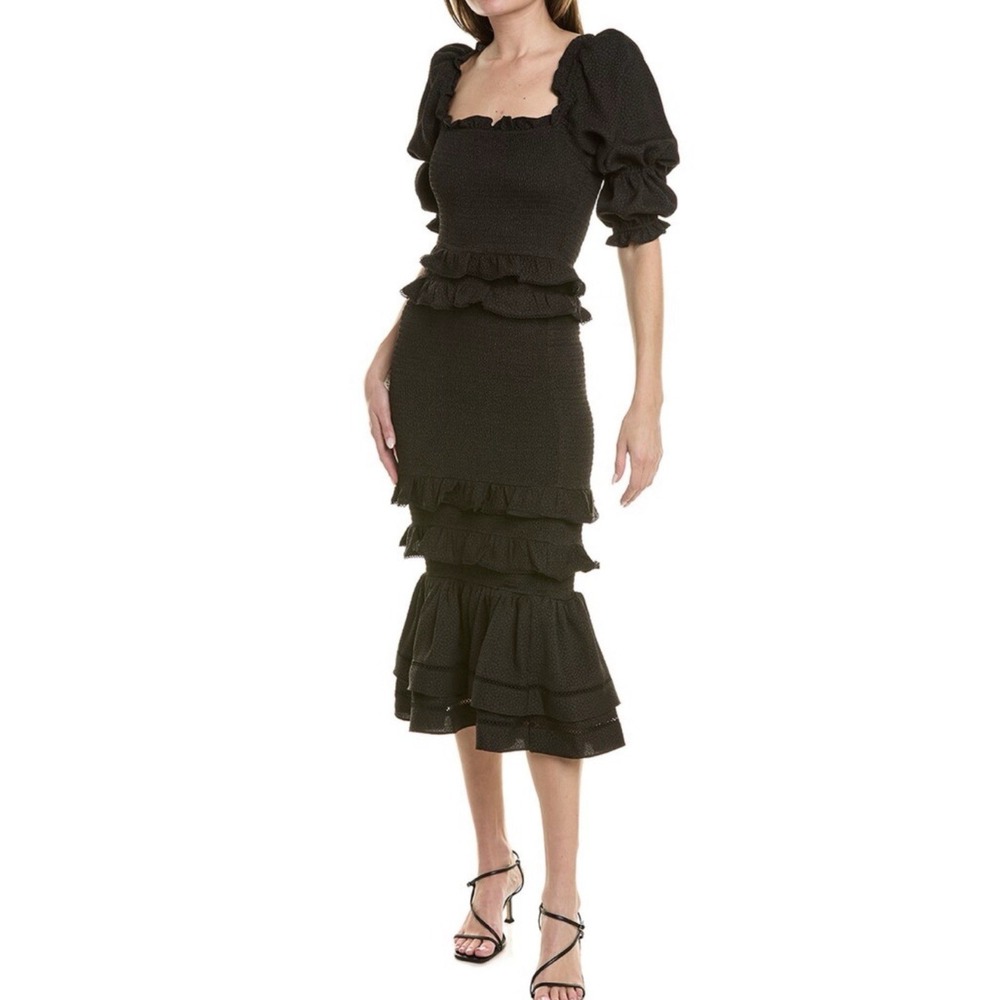 NWT Rachel Parcell Women's‎ Black Ruched Jacquard Smocked Midi Dress Size S